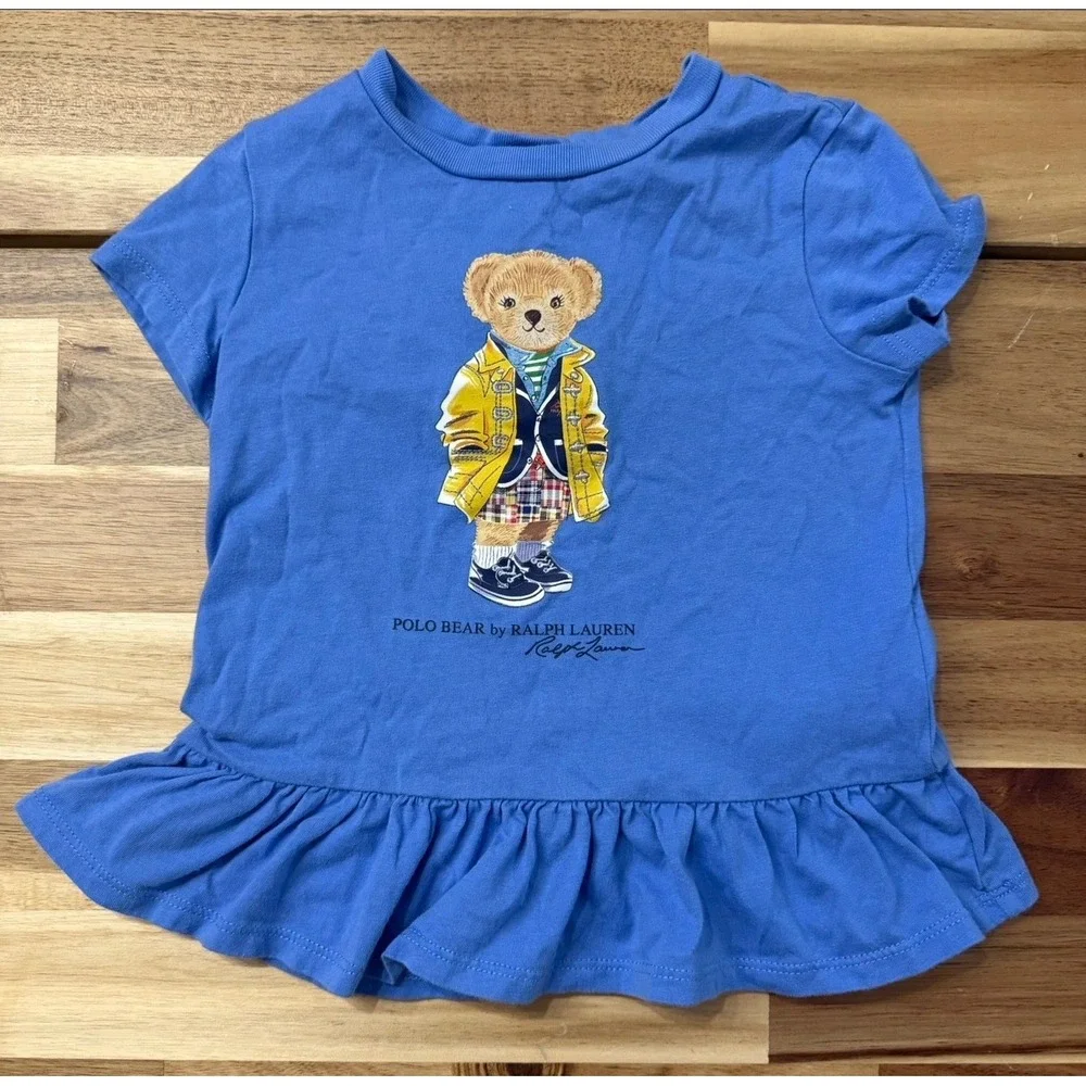 Ralph Lauren Polo Bear Peplum T-Shirt Toddler Girls 18M Yellow Raincoat Bear